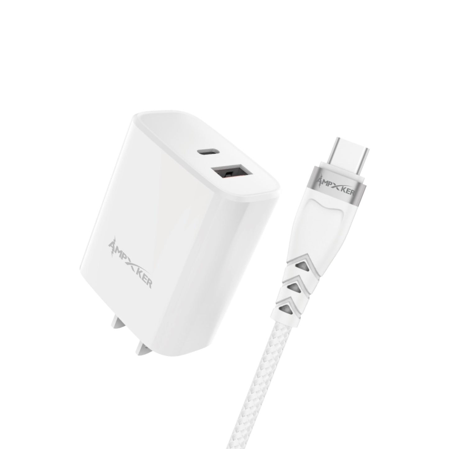 Adaptador de Corriente USB / USB-C 20W + Cable USB-C a USB-C Blanco - Ampxker