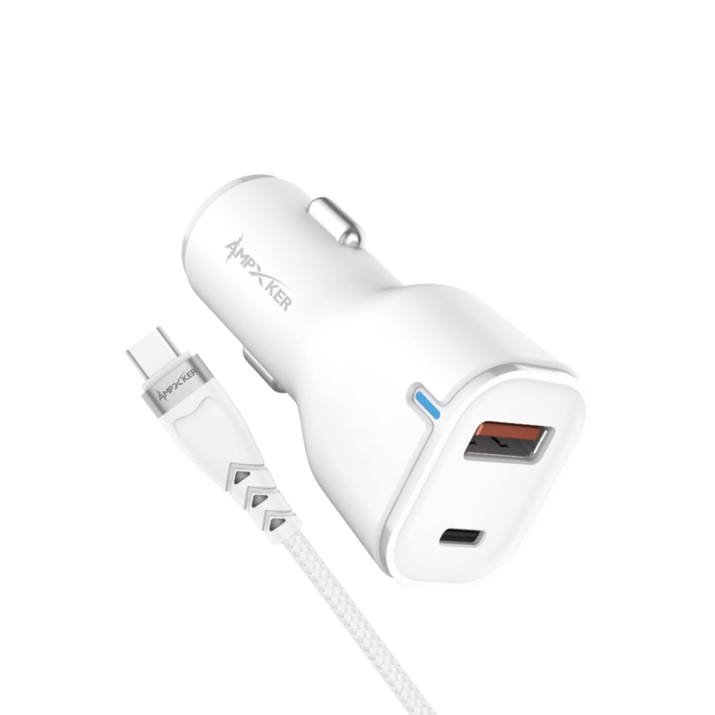 Adaptador de Corriente Carro Combo USB / USB-C 20W + Cable USB-C a USB-C Blanco - Ampxker