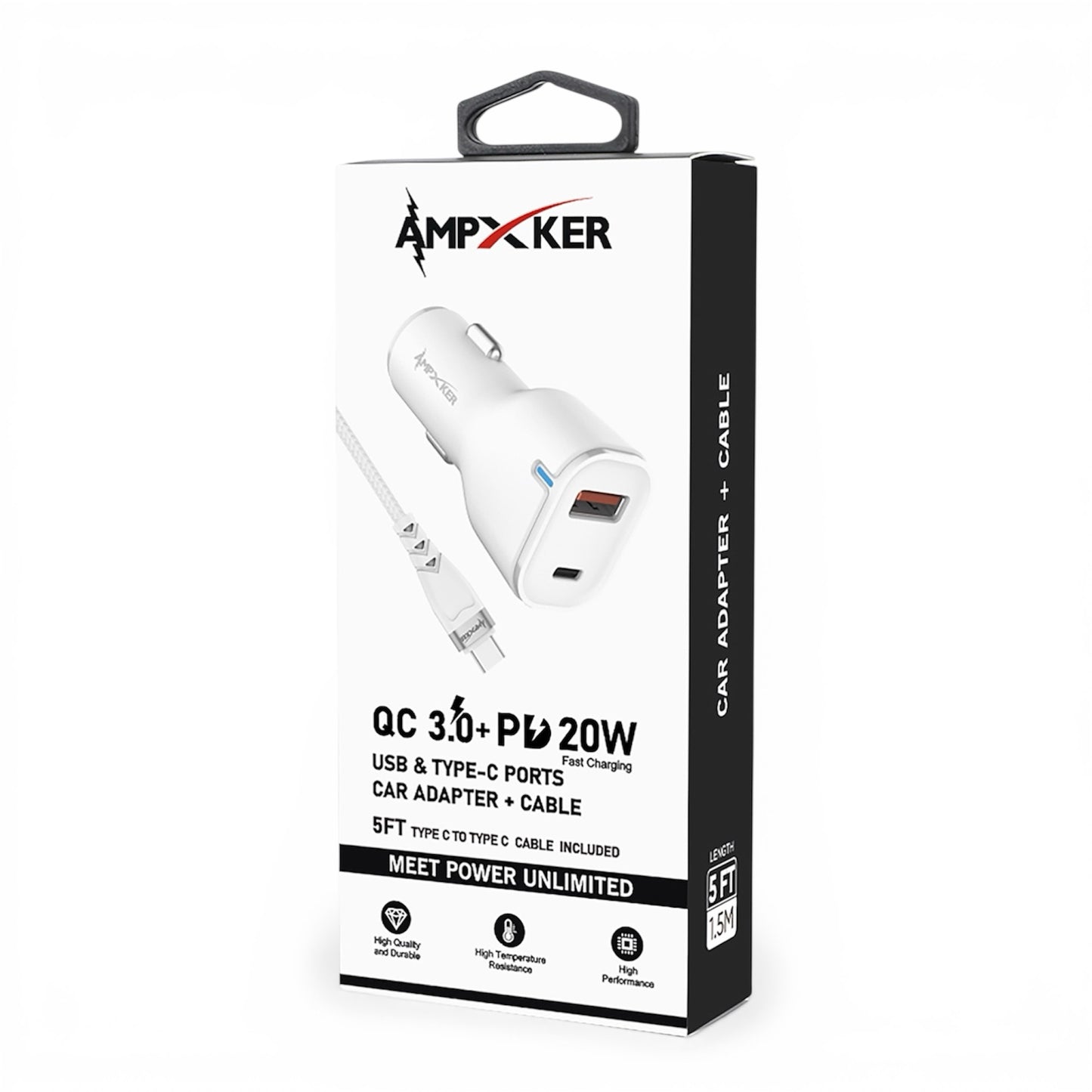 Adaptador de Corriente Carro Combo USB / USB-C 20W + Cable USB-C a USB-C Blanco - Ampxker