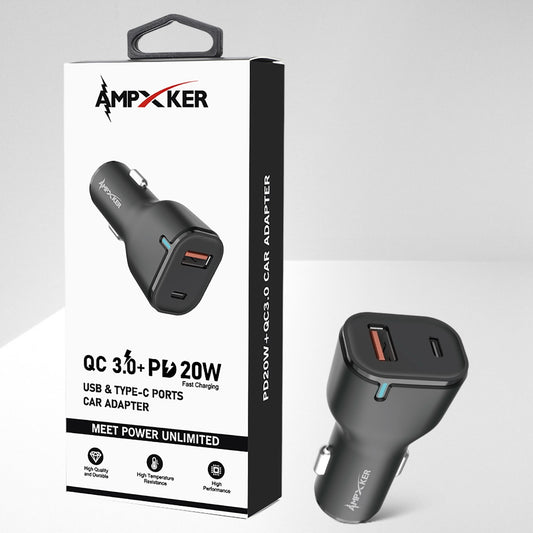 Adapatador de Corriente Carro Doble USB + USB-C 20W Negro - Ampxker