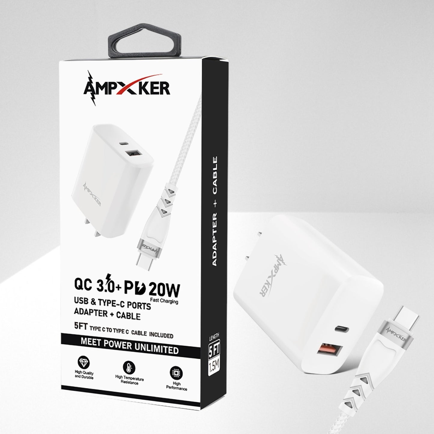 Adaptador de Corriente USB / USB-C 20W + Cable USB-C a USB-C Blanco - Ampxker