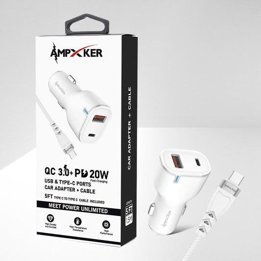 Adaptador de Corriente Carro Combo USB / USB-C 20W + Cable USB-C a USB-C  Blanco - Ampxker