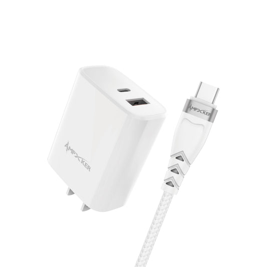 Adaptador de Corriente USB / USB-C 20W + Cable USB-C a USB-C Blanco - Ampxker