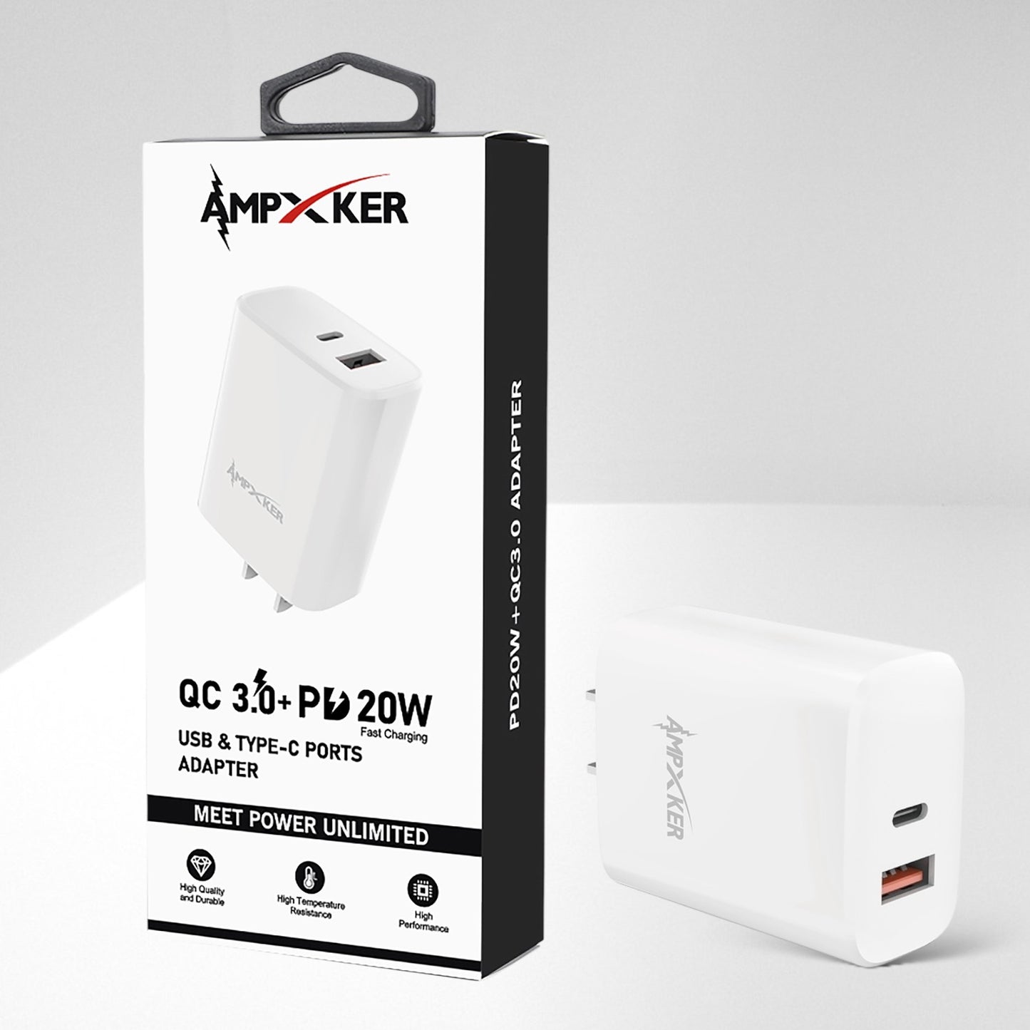 Adaptadopr de Corriente USB / USB-C 20W Blanco - Ampxker