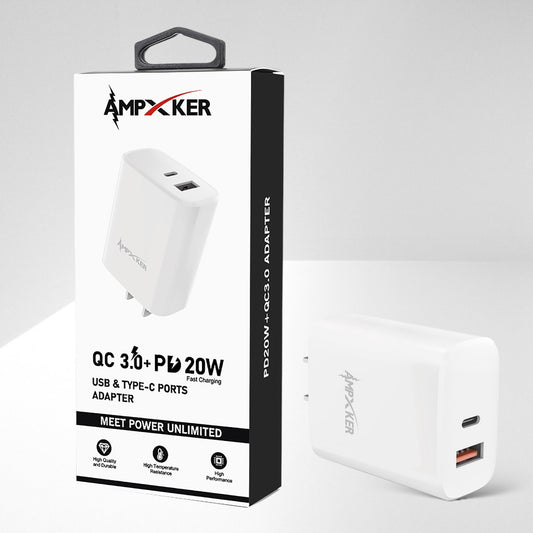 Adaptadopr de Corriente USB / USB-C 20W Blanco - Ampxker