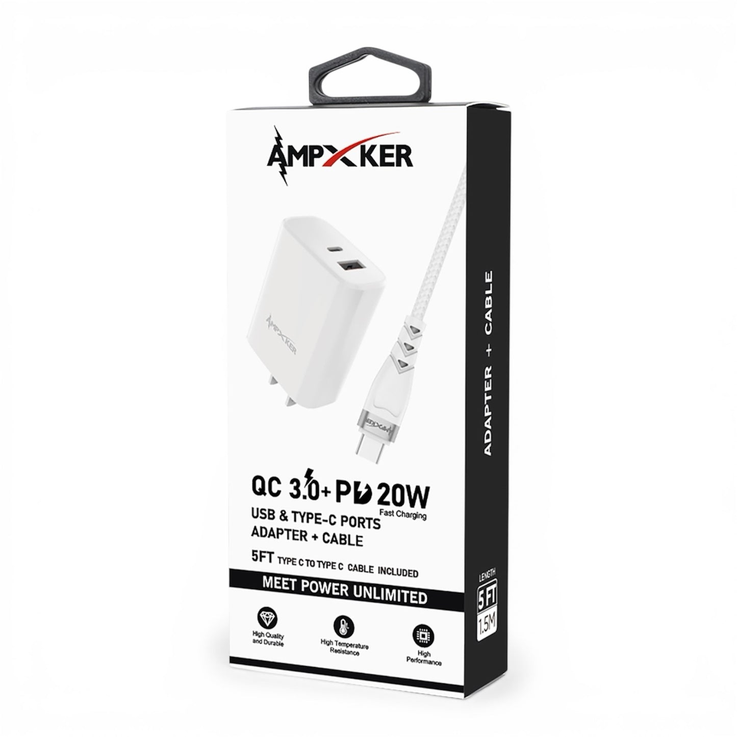 Adaptador de Corriente USB / USB-C 20W + Cable USB-C a USB-C Blanco - Ampxker