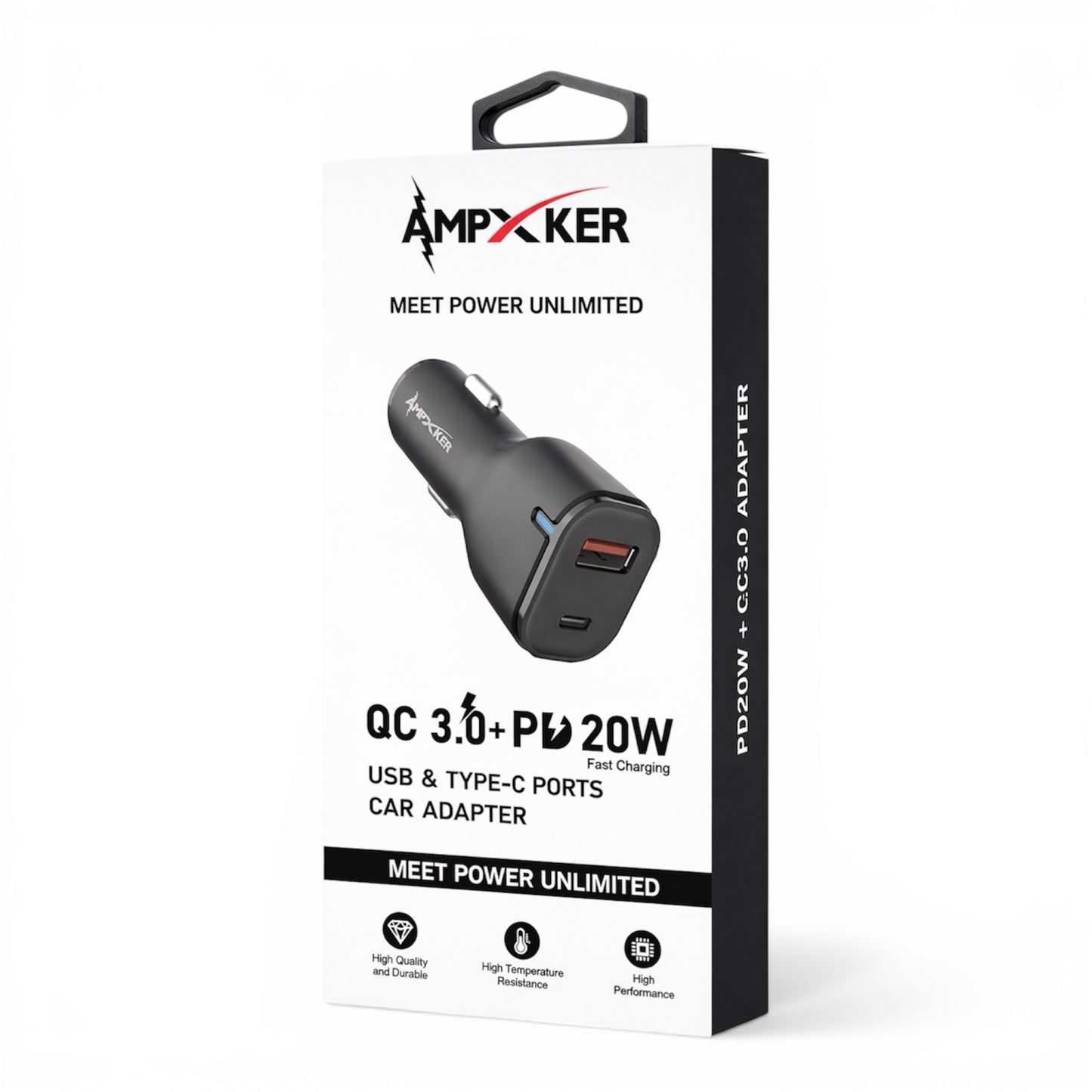 Adapatador de Corriente Carro Doble USB + USB-C 20W Negro - Ampxker